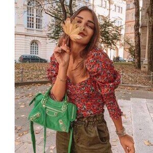 Zara Floral Puff Sleeve Sweetheart Neckline Crop Top XS